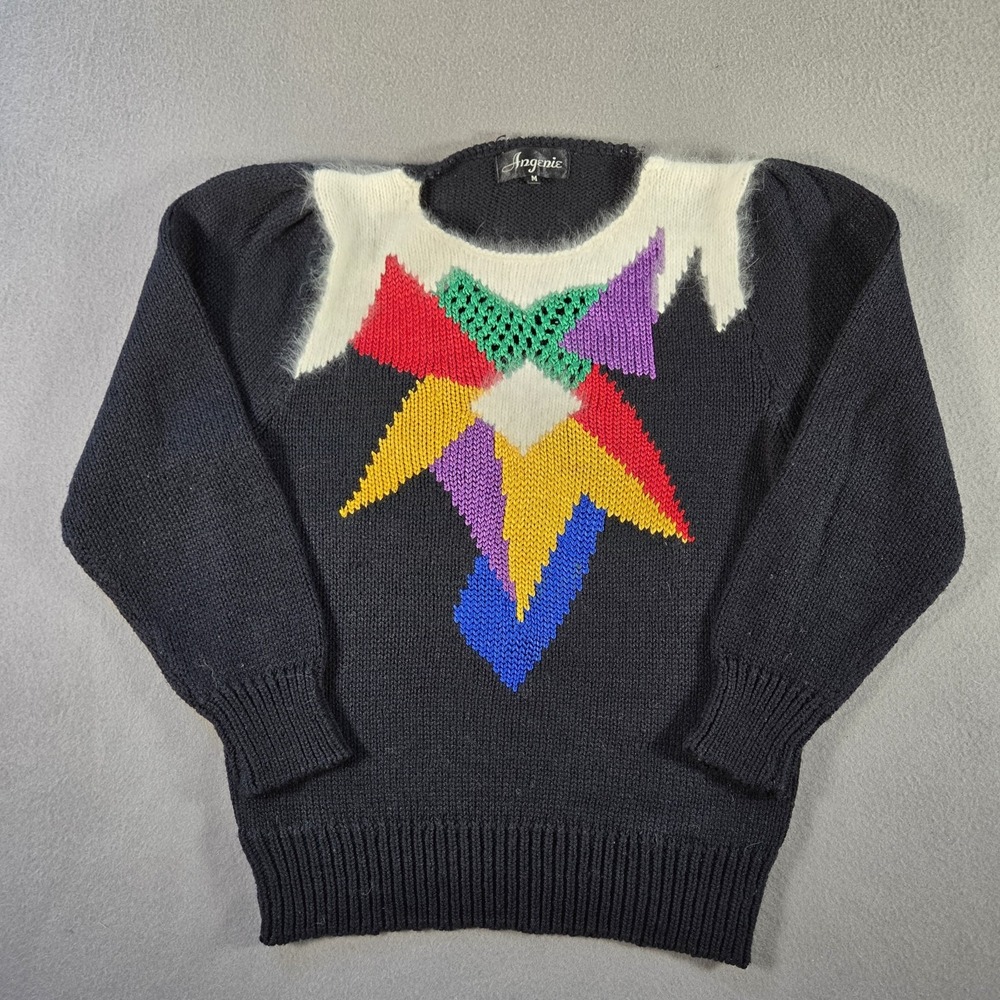 Vintage Angenie Sweater Womens Medium Black Geometric Puff Sleeve Angora Jumper